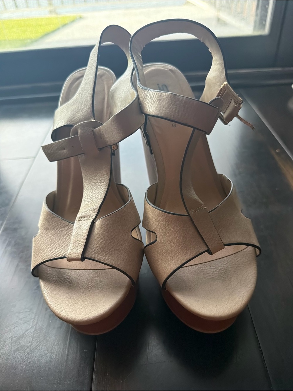 Soda Champagne-Tone Wedge Sandals with Ankle Strap